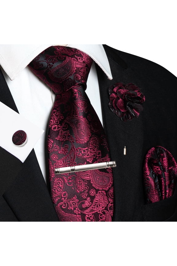 Men’s Burgundy Paisley Tie Set, 5PCS Necktie Gift Set with Pocket Square, Cufflinks, Tie Clip & Lapel Pin