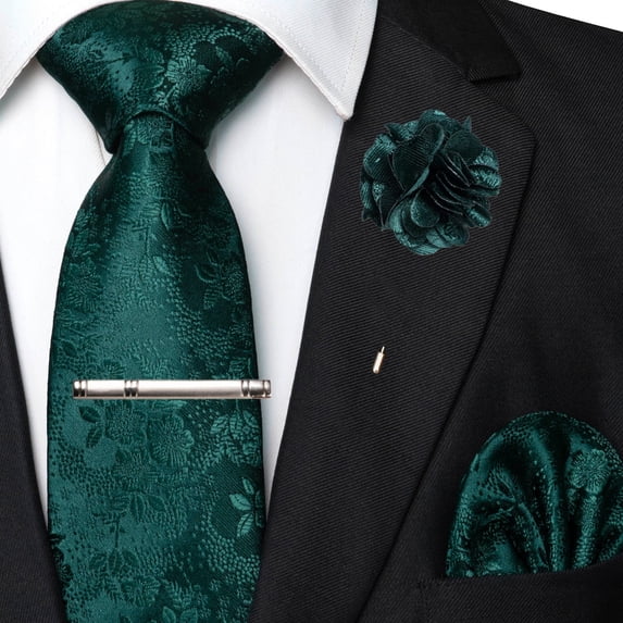 KAMBERFT Floral Tie Set for Men, 4PCS Necktie Gift Set with Pocket Square, Tie Clip & Lapel Pin