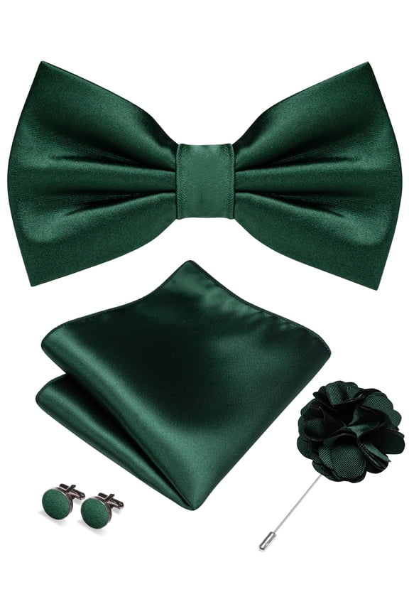Men’s Dark Green Pre-tied Bow Tie Set, 4PCS Gift Set with Pocket Square, Cufflinks & Lapel Pin