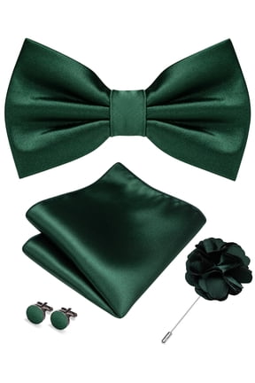 Men’s Dark Green Pre-tied Bow Tie Set, 4PCS Gift Set with Pocket Square, Cufflinks & Lapel Pin