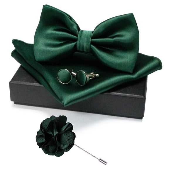 KAMBERFT Men’s Dark Green Pre-tied Bow Tie Set, 4PCS Gift Set with Pocket Square, Cufflinks & Lapel Pin