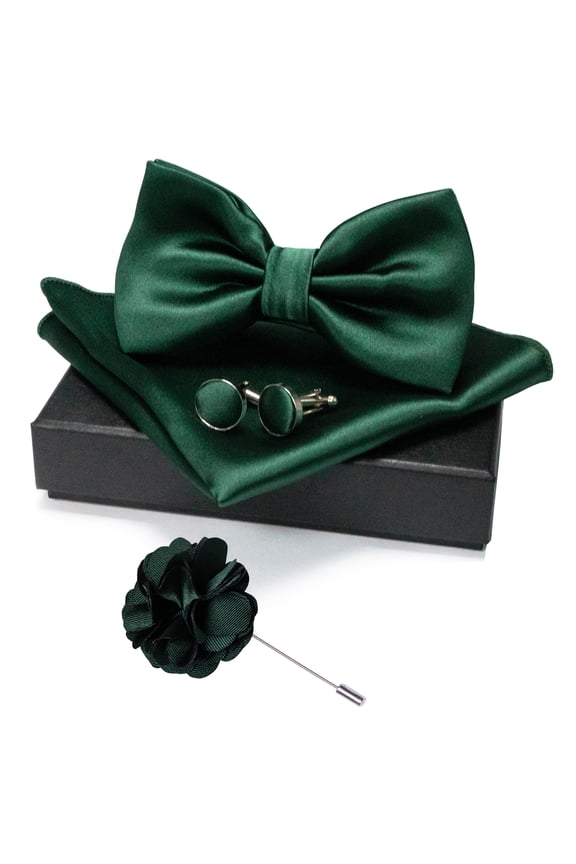 Men’s Dark Green Pre-tied Bow Tie Set, 4PCS Gift Set with Pocket Square, Cufflinks & Lapel Pin