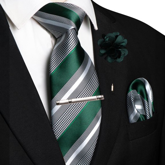 KAMBERFT Dark Green Striped Necktie Set for Men with Pocket Square, Tie Clip & Lapel Pin