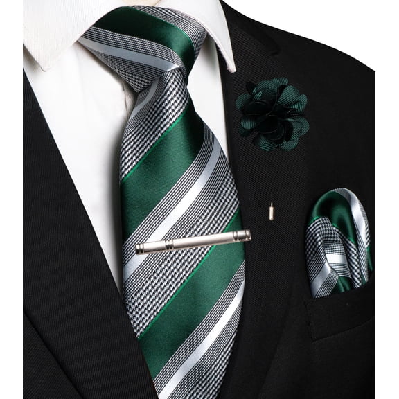 KAMBERFT Dark Green Striped Necktie Set for Men with Pocket Square, Tie Clip & Lapel Pin