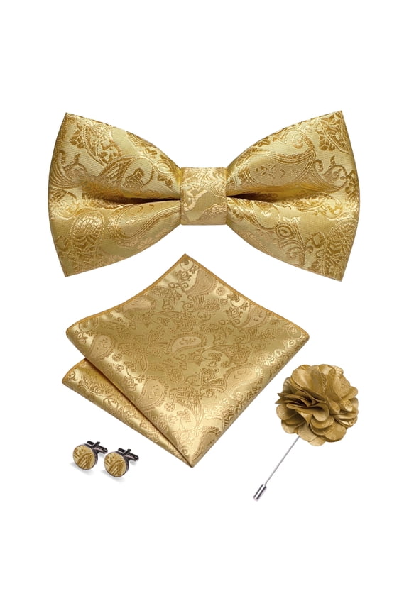 Men's Gold Paisley Pre-Tied Bow Tie 4-Piece Gift Set with Pocket Square, Cufflinks & Lapel Pin