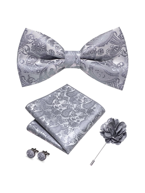 Men's Gray Paisley Pre-Tied Bow Tie 4-Piece Gift Set with Pocket Square, Cufflinks & Lapel Pin