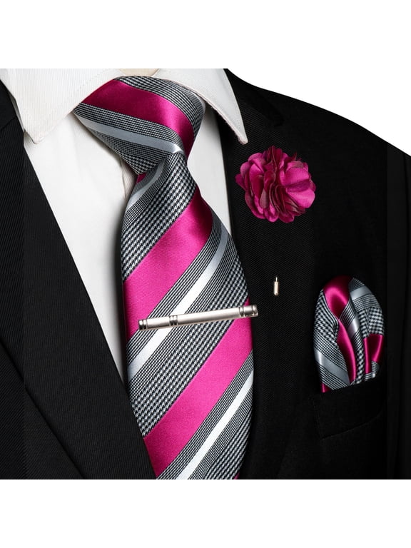 Hot Pink Striped Necktie Set for Men with Pocket Square, Tie Clip & Lapel Pin