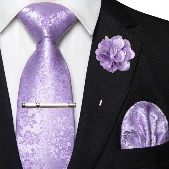 KAMBERFT Floral Tie Set for Men, 4PCS Necktie Gift Set with Pocket Square, Tie Clip & Lapel Pin