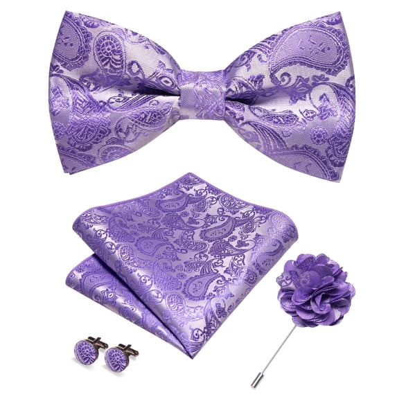 KAMBERFT Men's Lavender Paisley Pre-Tied Bow Tie 4-Piece Gift Set with Pocket Square, Cufflinks & Lapel Pin