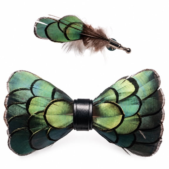 KAMBERFT Men's Handmade Feather Bow Tie and Brooch Set for Weddings, Parties and Formal