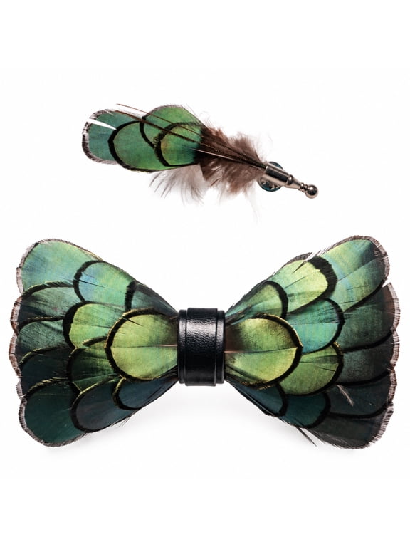 Men's Handmade Feather Bow Tie and Brooch Set for Weddings, Parties and Formal