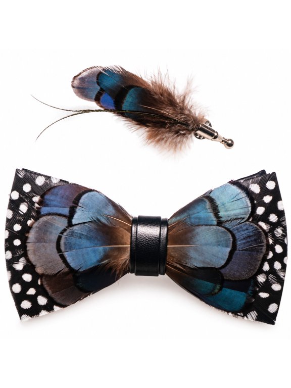 Men's Handmade Feather Bow Tie and Brooch Set for Weddings, Parties and Formal