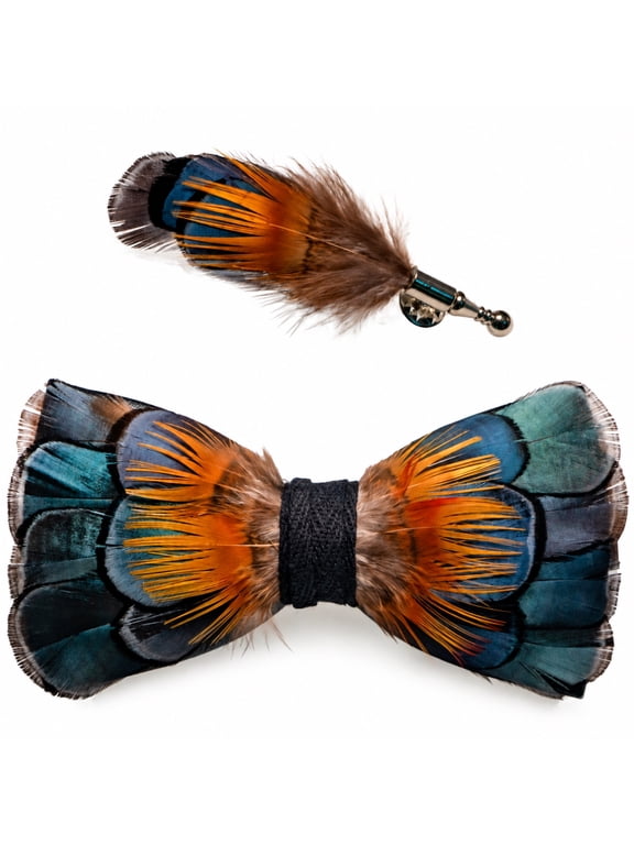 Men's Handmade Feather Bow Tie and Brooch Set for Weddings, Parties and Formal