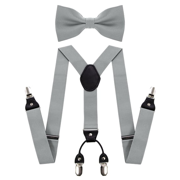 KAMBERFT Men's Silver Gray 1.4 inch Wide Adjustable Y-Back Suspenders, 2-Piece Set with Pre-Tied Bow Tie