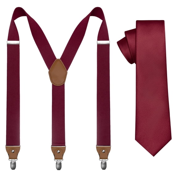 KAMBERFT Men's Skinny Tie and Suspenders Set, Y-Back, Burgundy, 2-Piece