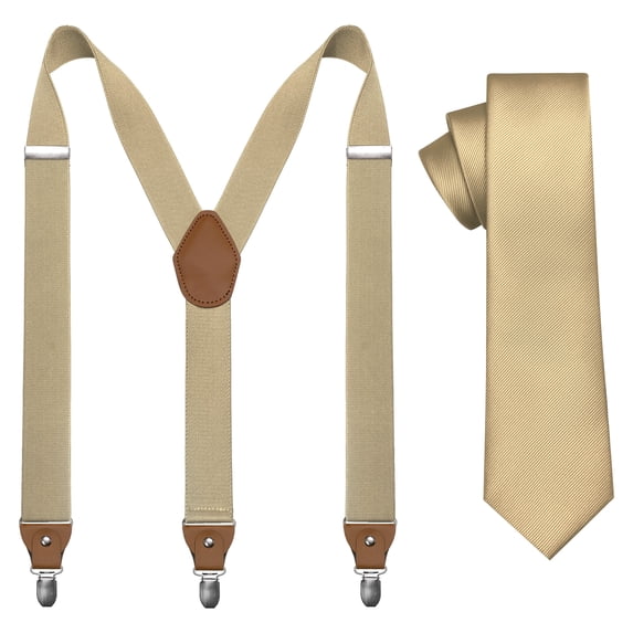 KAMBERFT Men's Skinny Tie and Suspenders Set, Y-Back, Champagne, 2-Piece