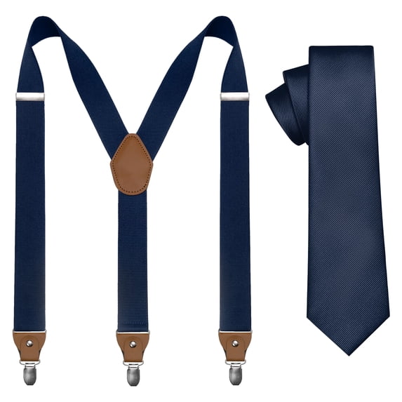 KAMBERFT Men's Skinny Tie and Suspenders Set, Y-Back, Navy, 2-Piece