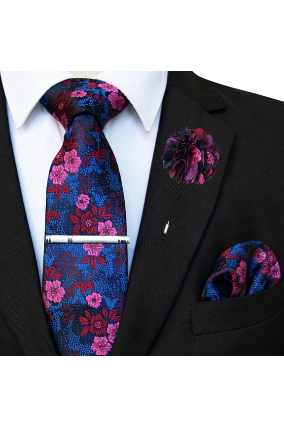 Multicolor Floral Tie Set for Men, 4-Piece Jacquard Necktie with Pocket Square, Tie Clip and Lapel Pin