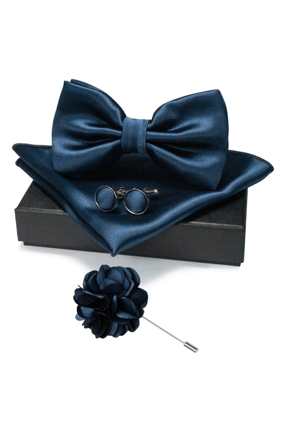 Men’s Navy Blue Pre-tied Bow Tie Set, 4PCS Gift Set with Pocket Square, Cufflinks & Lapel Pin