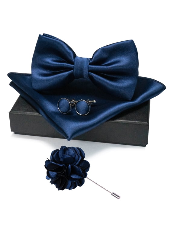 Men’s Navy Blue Pre-tied Bow Tie Set, 4PCS Gift Set with Pocket Square, Cufflinks & Lapel Pin