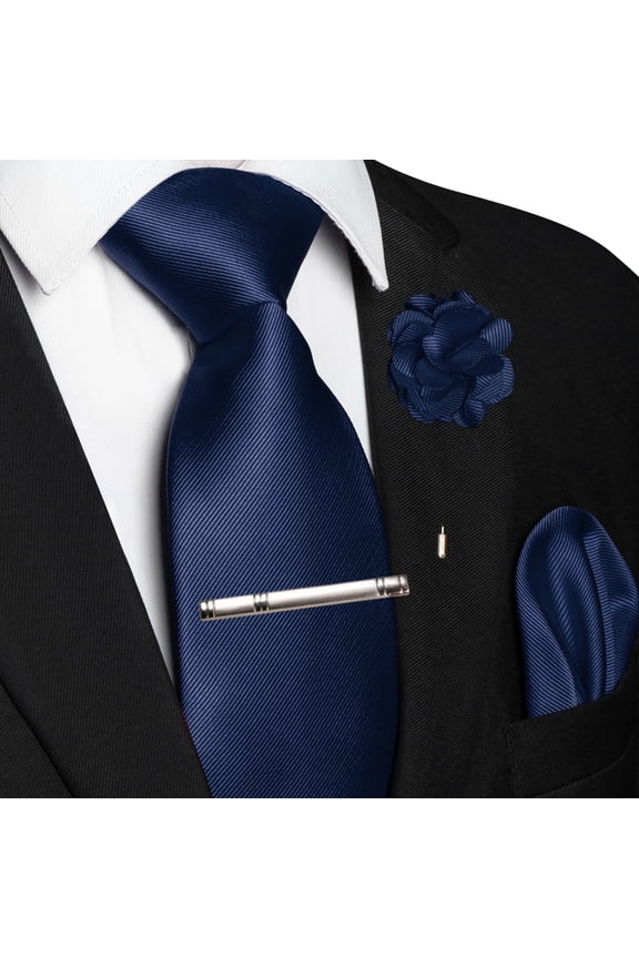 Navy Blue Tie Set for Men, 4PCS Gift Set with Pocket Square, Tie Clip & Lapel Pin
