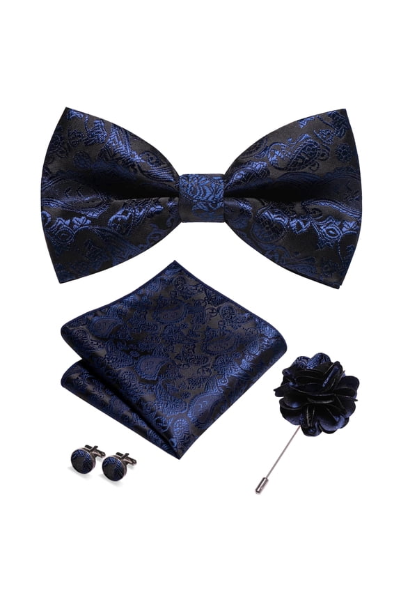 Men's Navy Paisley Pre-Tied Bow Tie 4-Piece Gift Set with Pocket Square, Cufflinks & Lapel Pin