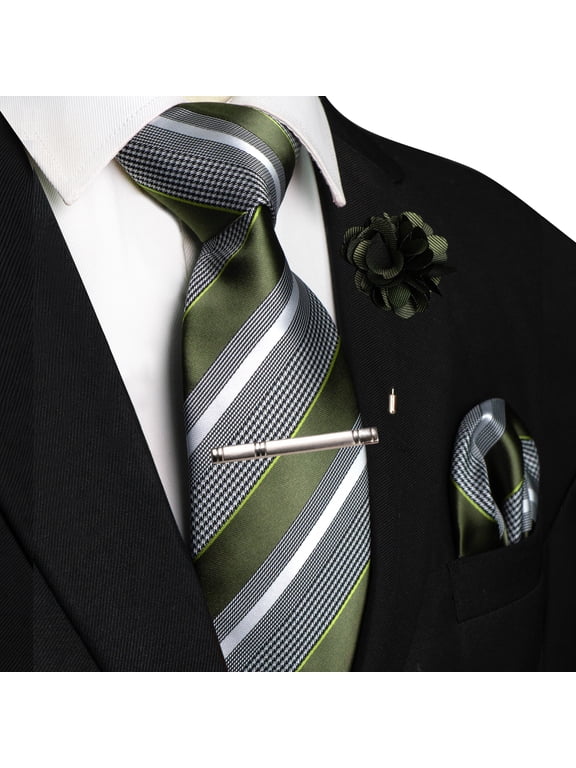Olive Green Striped Necktie Set for Men with Pocket Square, Tie Clip & Lapel Pin