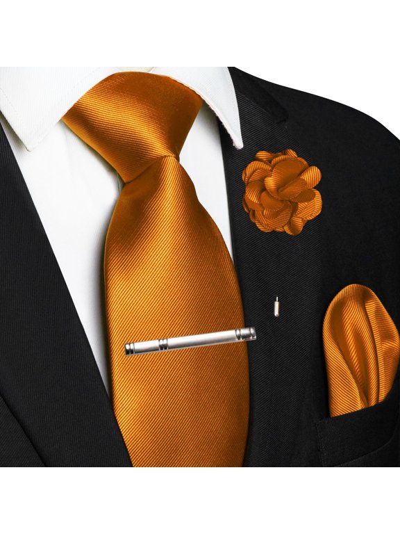 Orange Tie Set for Men, 4PCS Gift Set with Pocket Square, Tie Clip & Lapel Pin