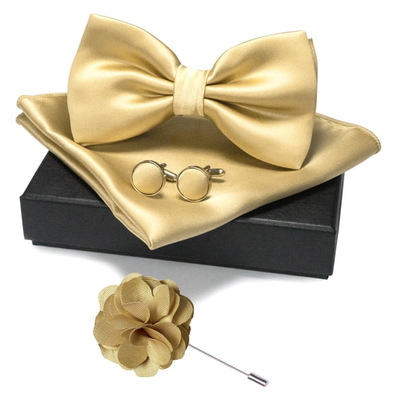 KAMBERFT Men’s Pale Yellow Pre-tied Bow Tie Set, 4PCS Gift Set with Pocket Square, Cufflinks & Lapel Pin