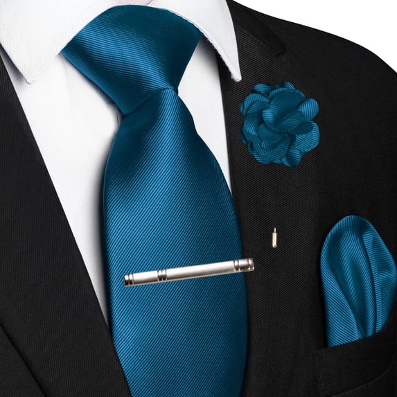 KAMBERFT Peacock Blue Tie Set for Men, 4PCS Gift Set with Pocket Square, Tie Clip & Lapel Pin