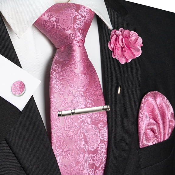 KAMBERFT Men's Pink Paisley Tie Set, Necktie with Pocket Square, Cufflinks, Tie Clip & Lapel Pin