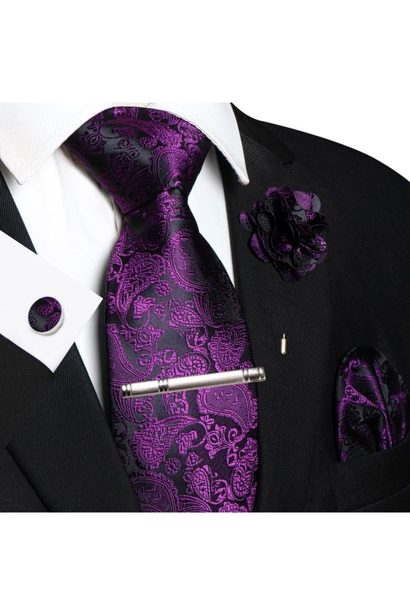 Men’s Purple Paisley Tie Set, 5PCS Necktie Gift Set with Pocket Square, Cufflinks, Tie Clip & Lapel Pin