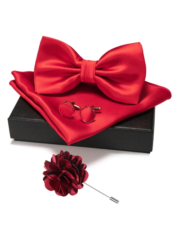 Men’s Red Pre-tied Bow Tie Set, 4PCS Gift Set with Pocket Square, Cufflinks & Lapel Pin
