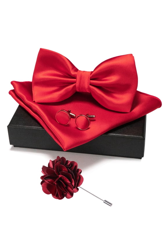Men’s Red Pre-tied Bow Tie Set, 4PCS Gift Set with Pocket Square, Cufflinks & Lapel Pin