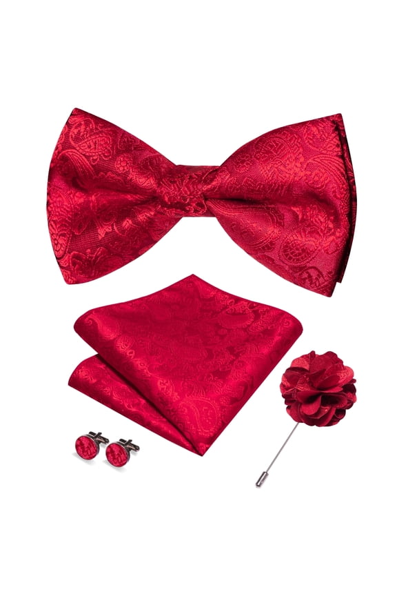 Men's Red Paisley Pre-Tied Bow Tie 4-Piece Gift Set with Pocket Square, Cufflinks & Lapel Pin
