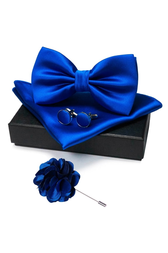 Men’s Royal Blue Pre-tied Bow Tie Set, 4PCS Gift Set with Pocket Square, Cufflinks & Lapel Pin