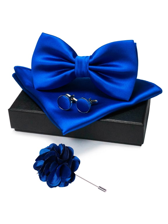Men’s Royal Blue Pre-tied Bow Tie Set, 4PCS Gift Set with Pocket Square, Cufflinks & Lapel Pin