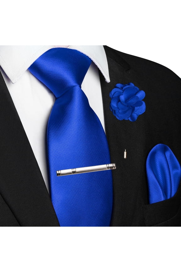 Royal Blue Tie Set for Men, 4PCS Gift Set with Pocket Square, Tie Clip & Lapel Pin