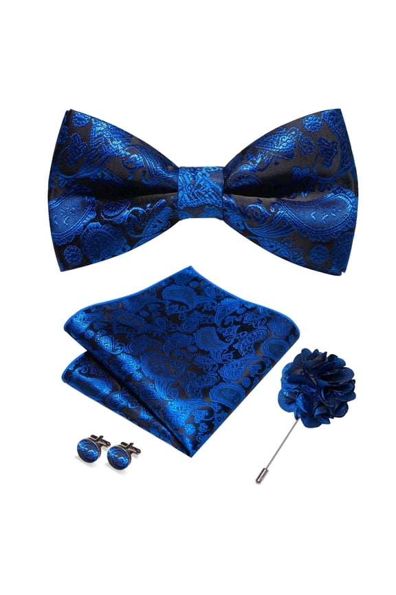 Royal Blue Paisley Men’s Pre-tied Bow Tie Gift Set 4PCS with Pocket Square, Cufflinks & Lapel Pin