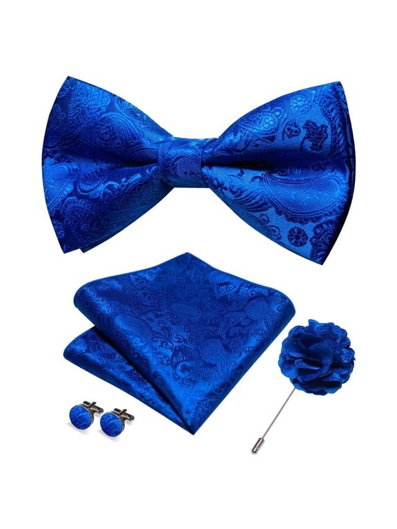 Men's Royal Blue Paisley Pre-Tied Bow Tie 4-Piece Gift Set with Pocket Square, Cufflinks & Lapel Pin
