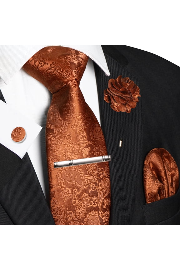 Men’s Rust Paisley Tie Set, 5PCS Necktie Gift Set with Pocket Square, Cufflinks, Tie Clip & Lapel Pin