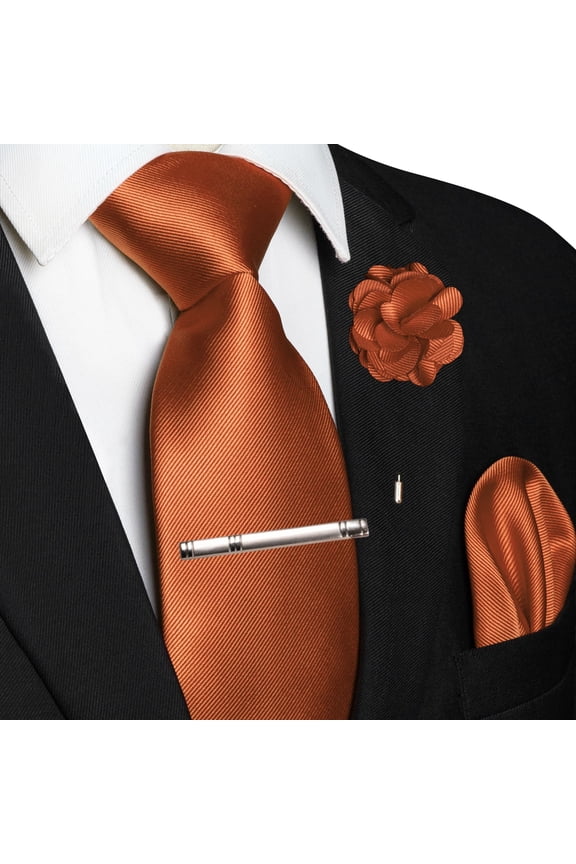 Rust Tie Set for Men, 4PCS Gift Set with Pocket Square, Tie Clip & Lapel Pin