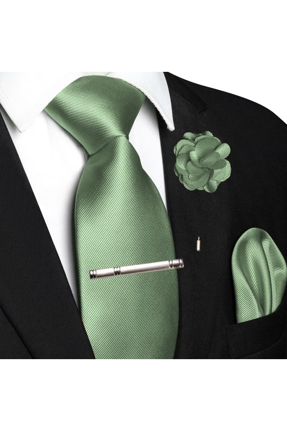 Sage Green Tie Set for Men, 4PCS Gift Set with Pocket Square, Tie Clip & Lapel Pin
