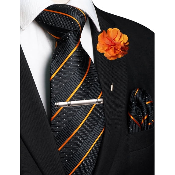 KAMBERFT Striped Tie Set for Men, 4PCS Necktie Gift Set with Pocket Square, Tie Clip & Lapel Pin for Wedding Business Party