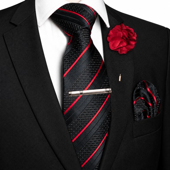 KAMBERFT Striped Tie Set for Men, 4PCS Necktie Gift Set with Pocket Square, Tie Clip & Lapel Pin for Wedding Business Party