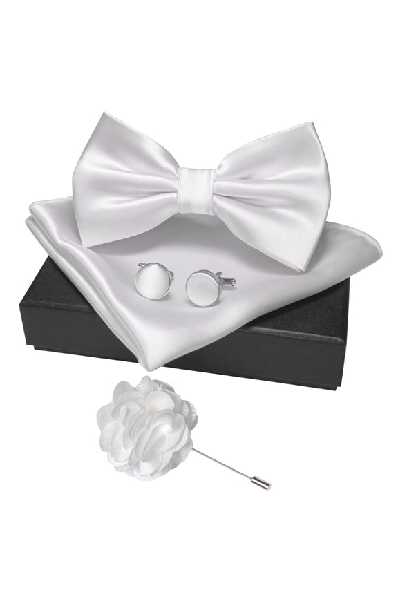 Men’s White Pre-tied Bow Tie Set, 4PCS Gift Set with Pocket Square, Cufflinks & Lapel Pin
