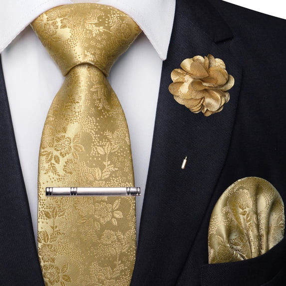 KAMBERFT Floral Tie Set for Men, 4PCS Necktie Gift Set with Pocket Square, Tie Clip & Lapel Pin