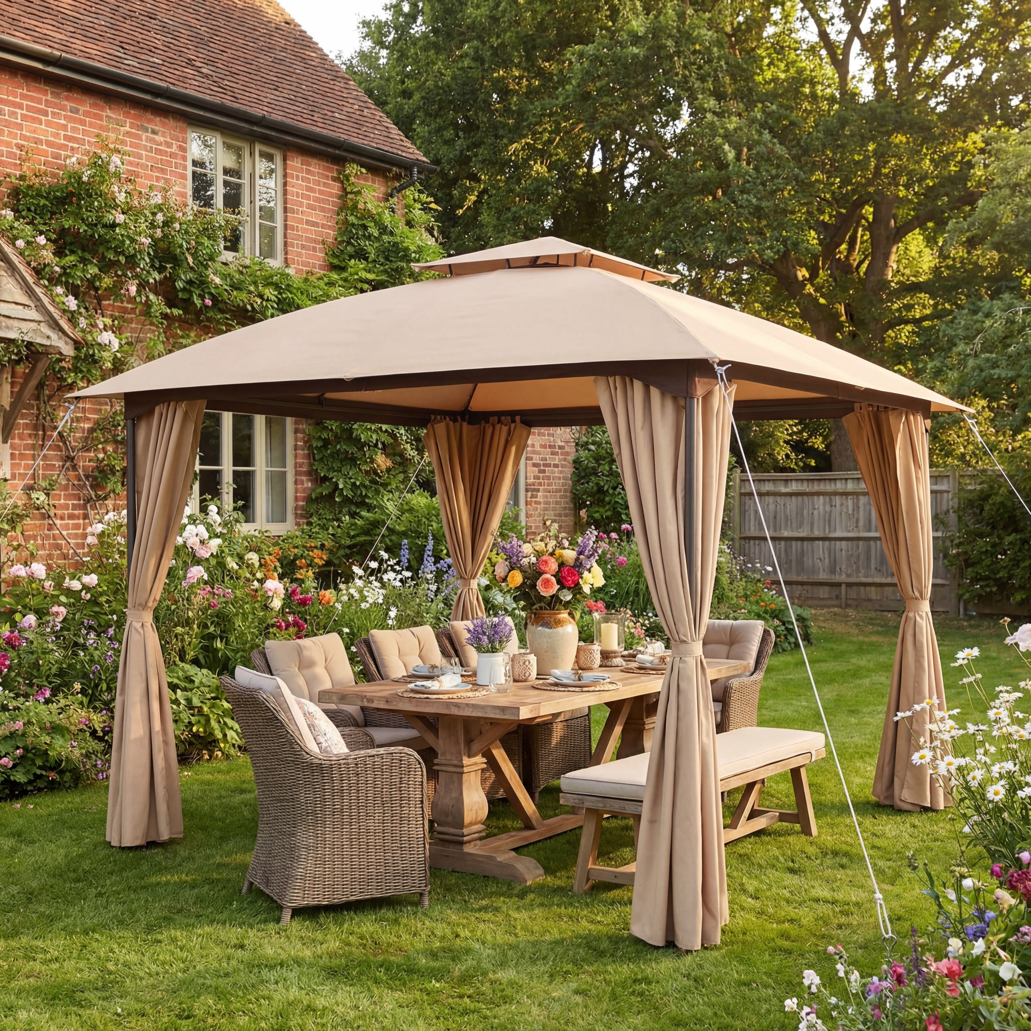 KAMEROUT 10'x10' Outdoor Gazebo with Privacy Screens & Expansion Bolts, Patio Double Roof Metal Frame Gazebo for Garden, Backyard, Khaki