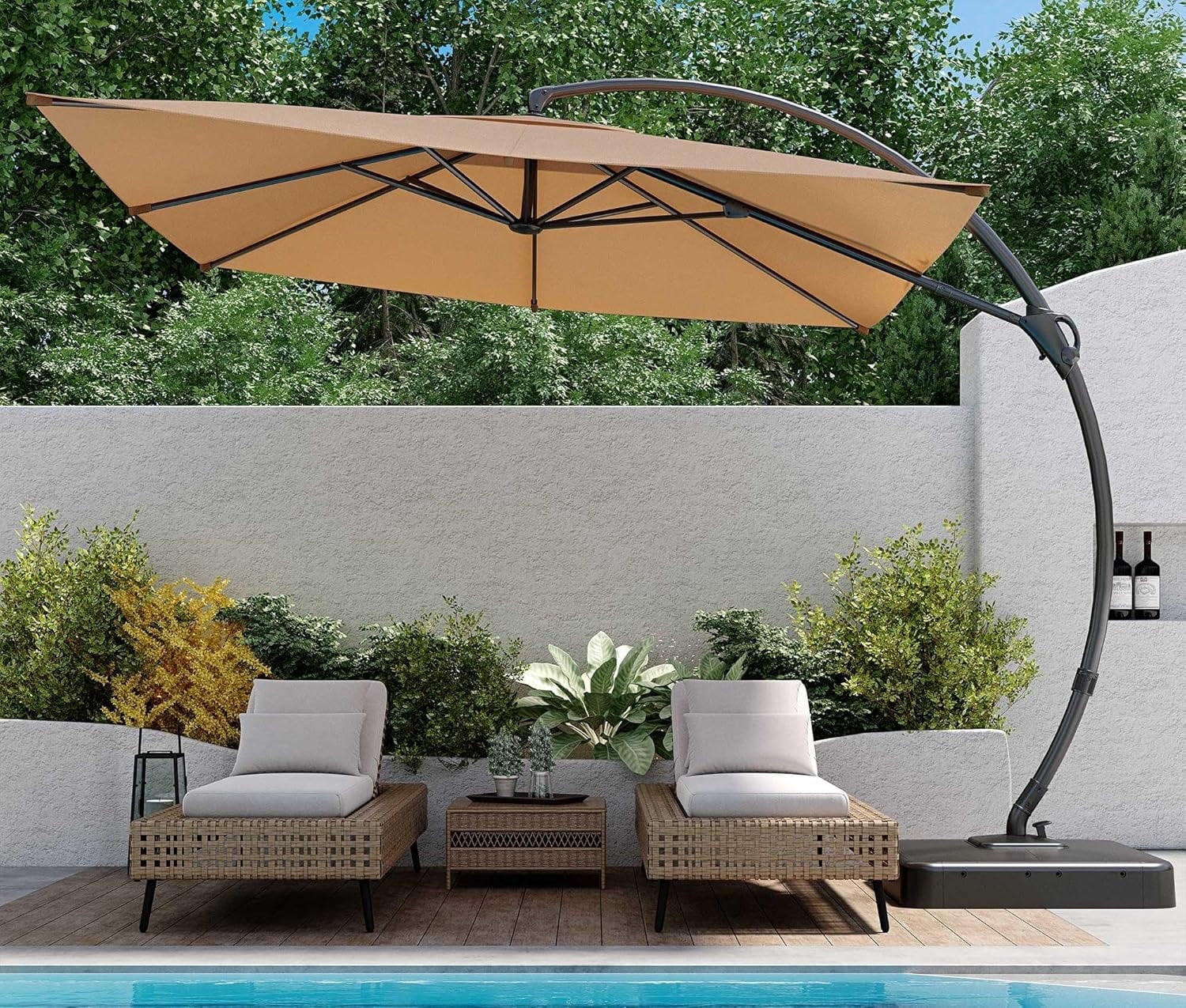 KAMEROUT 10x10FT Patio Umbrella with Base, Large Square Cantilever Heavy Duty Offset Hanging Umbrella with 360° Rotation for Market, Pool, Garden, Backyard