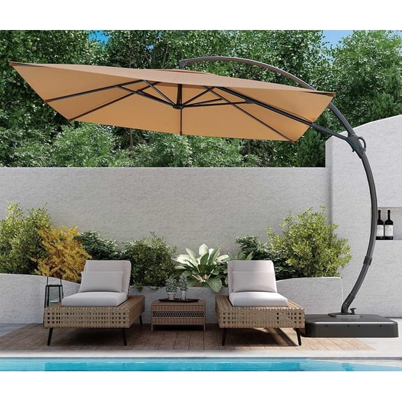 KAMEROUT 10x10FT Patio Umbrella with Base, Large Square Cantilever Heavy Duty Offset Hanging Umbrella with 360 Rotation for Market, Pool, Garden, Backyard